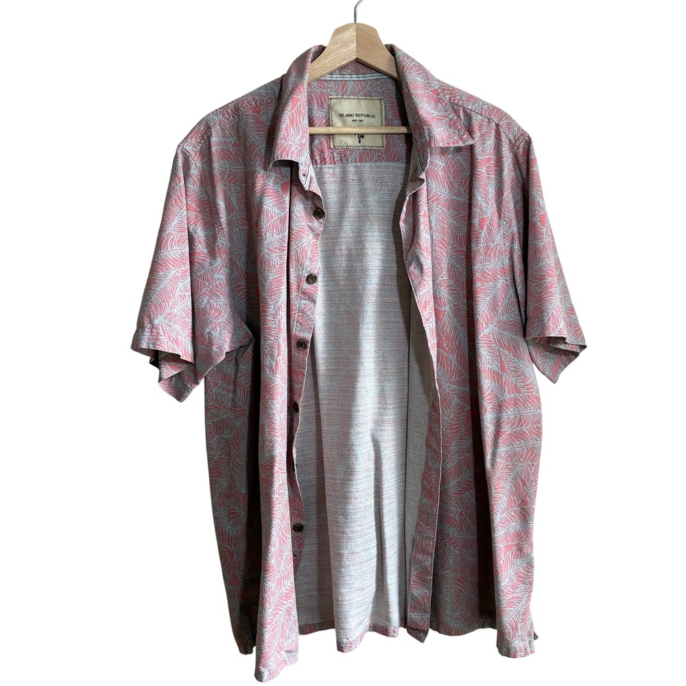 Island Republic Silk Palm Leaf Button Down XXL Pink Mens Tropical Shirt